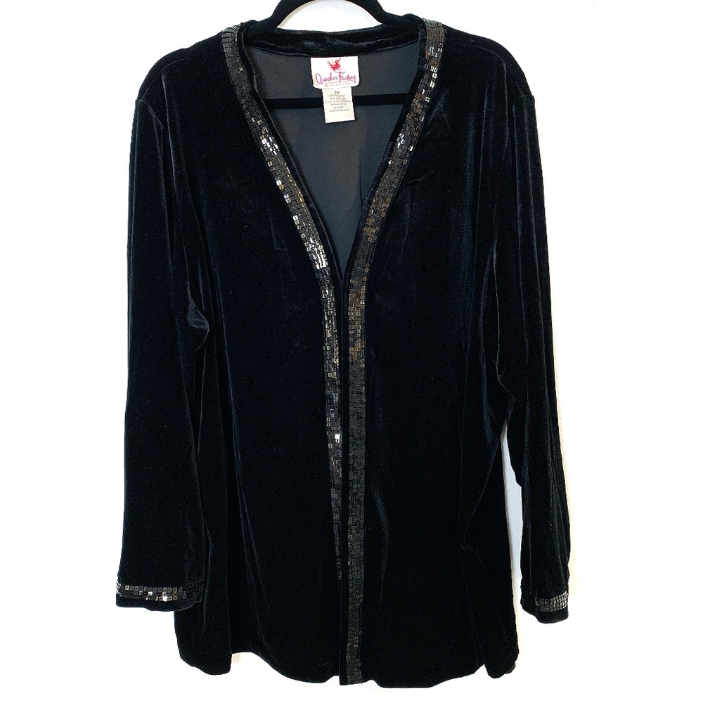 Quacker Factory Black Velvet Cardigan Jacket 2X Sequins Dressy Whimsy Goth